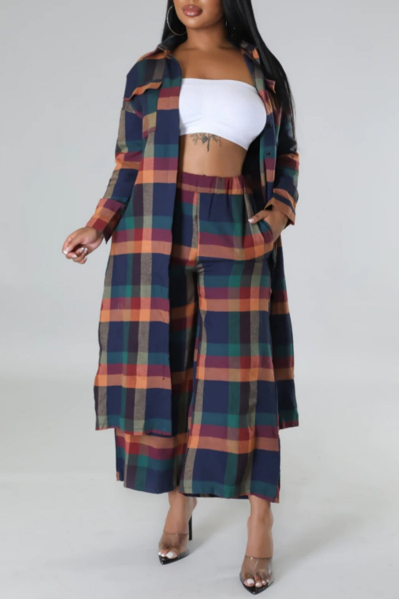 Casual Plaid Print Cardigan Turndown Collar Long Sleeve Two Pieces