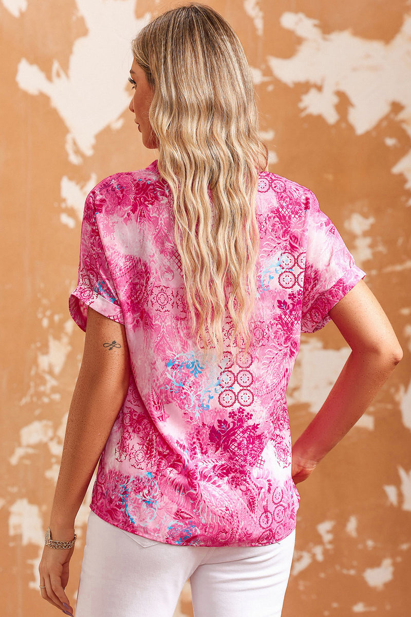 Pink Abstract Floral Print Notch V Neck Rolled Short Sleeve Blouse