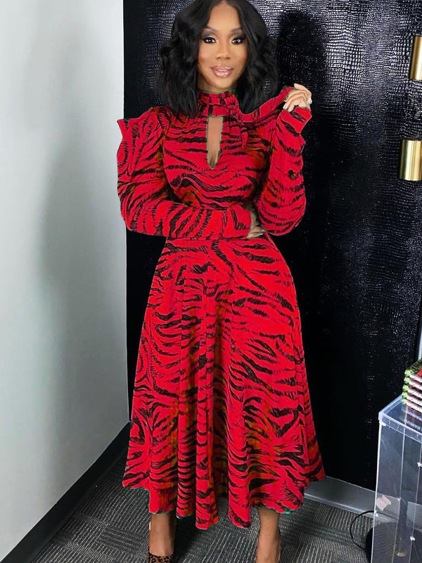 Casual Animal Print Long Sleeve Maxi Dress - AnnieMae21