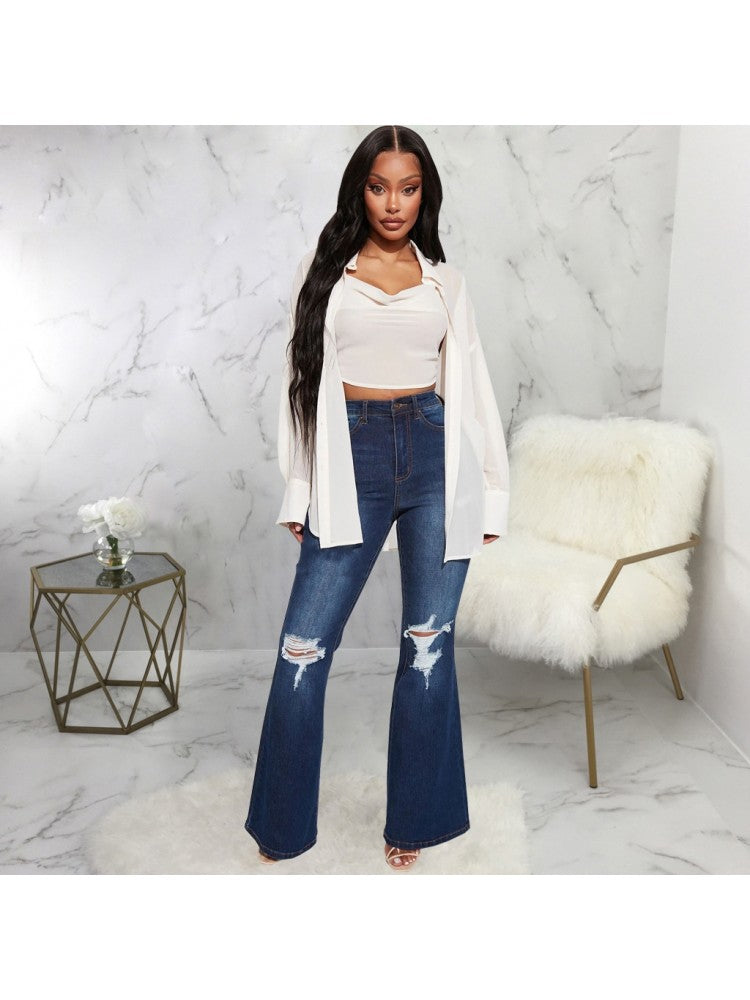 Women Ripped High Waist Blue Flare Jeans - AnnieMae21