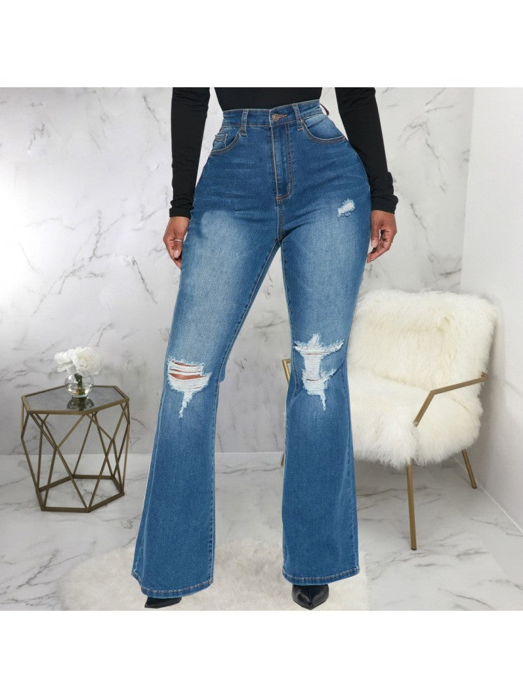 : A pair of women's high-waisted blue flare jeans with stylish distressed detailing.