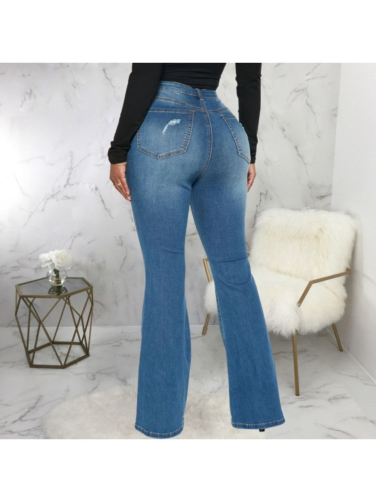 : A pair of women's high-waisted blue flare jeans with stylish distressed detailing.