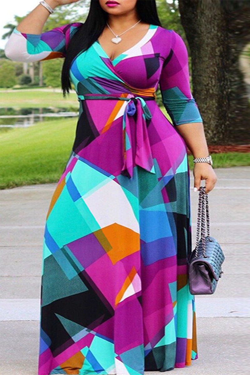 Print Bandage Patchwork V Neck Straight Plus Size Dresses - AnnieMae21