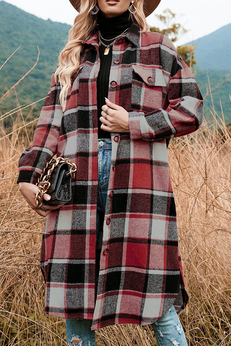 Casual Plaid Patchwork Pocket Buckle Turndown Collar Outerwear