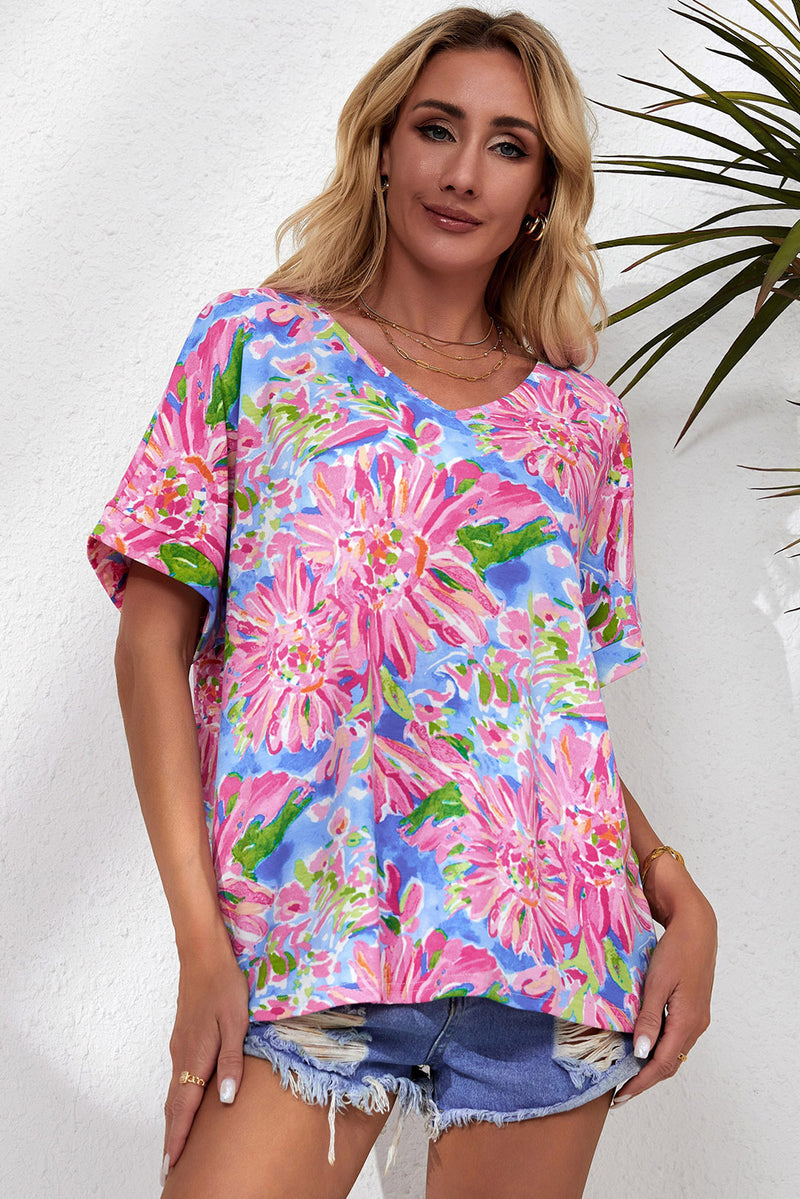 Pink Abstract Floral Print Notch V Neck Rolled Short Sleeve Blouse