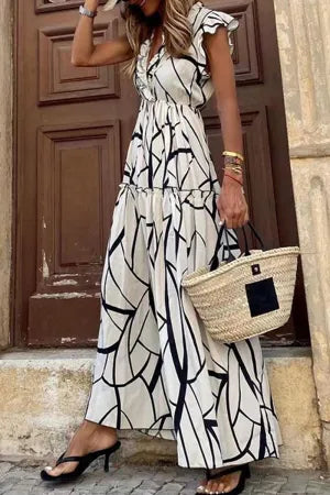 Geometric Printing Stringy Selvedge V Neck Irregular Dress Dresses - AnnieMae21