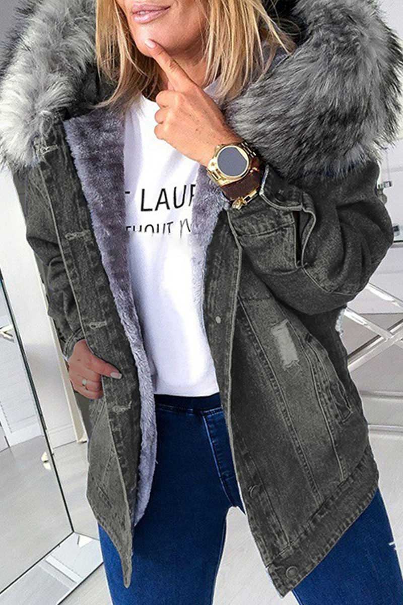 Buckle Hooded Collar Long Sleeve Straight Denim Jacket