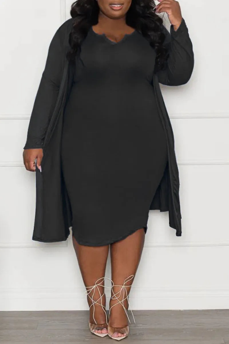 Black Casual Solid Basic V Neck Plus Size Two Pieces - AnnieMae21
