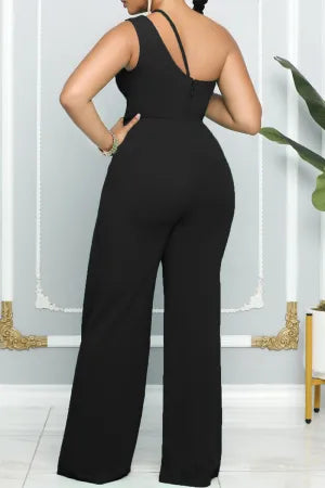 Casual Solid Patchwork Backless Oblique Collar Regular Jumpsuits - AnnieMae21