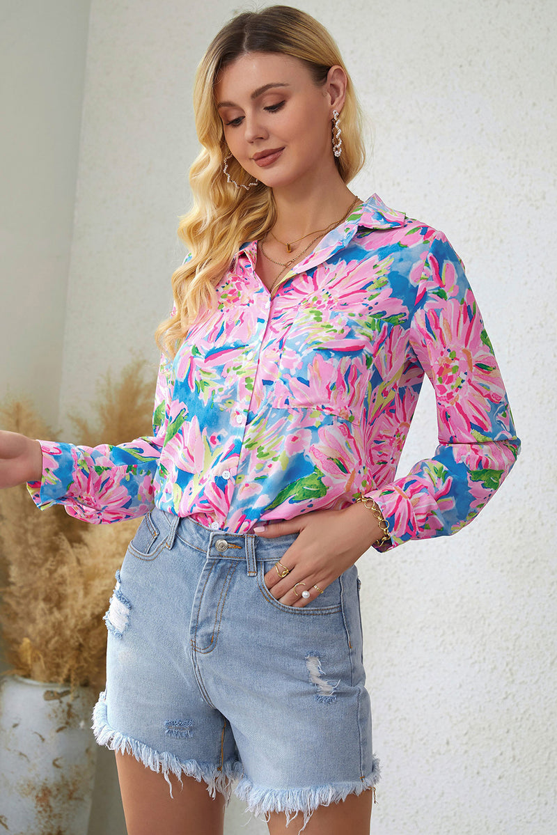 Pink Abstract Floral Print Notch V Neck Rolled Short Sleeve Blouse