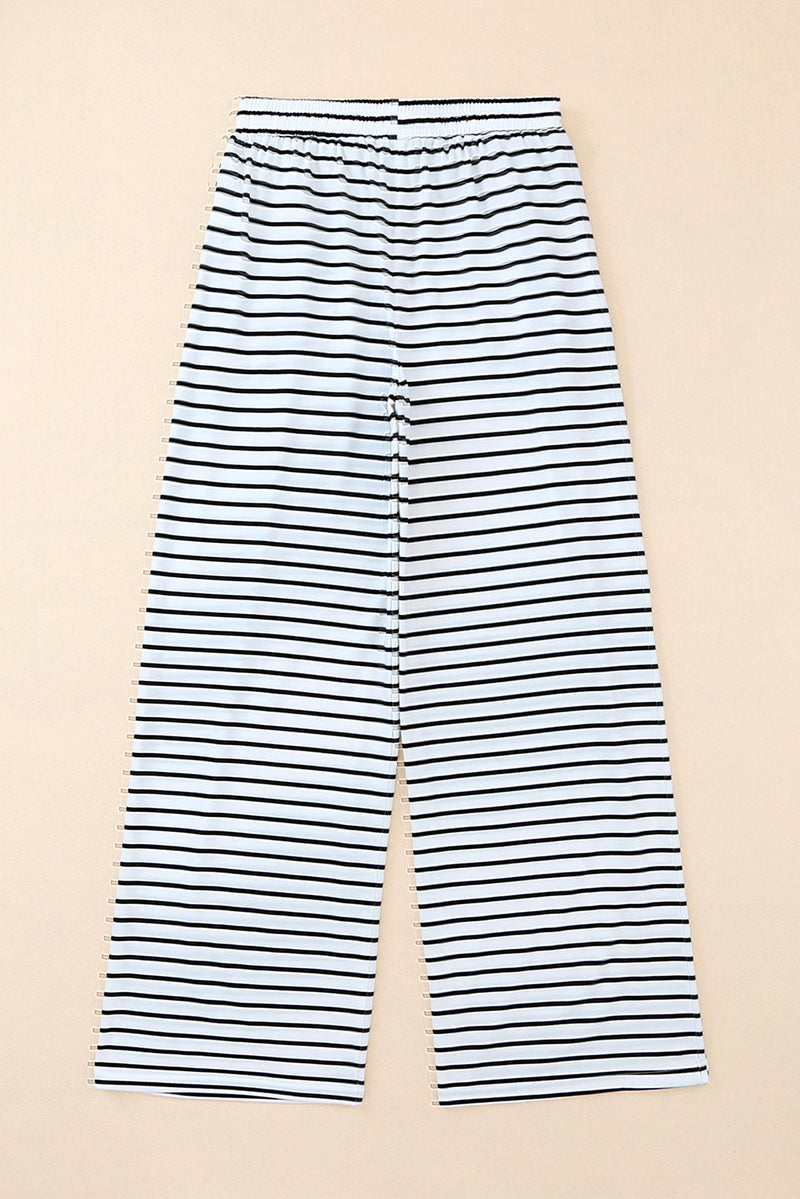 White Drawstring Striped Wide Leg Pants