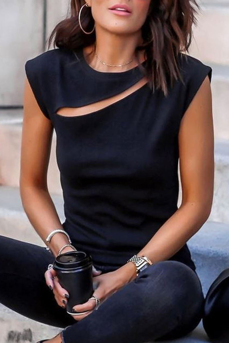 Black Slash Cutout Cap Sleeve T Shirt - AnnieMae21