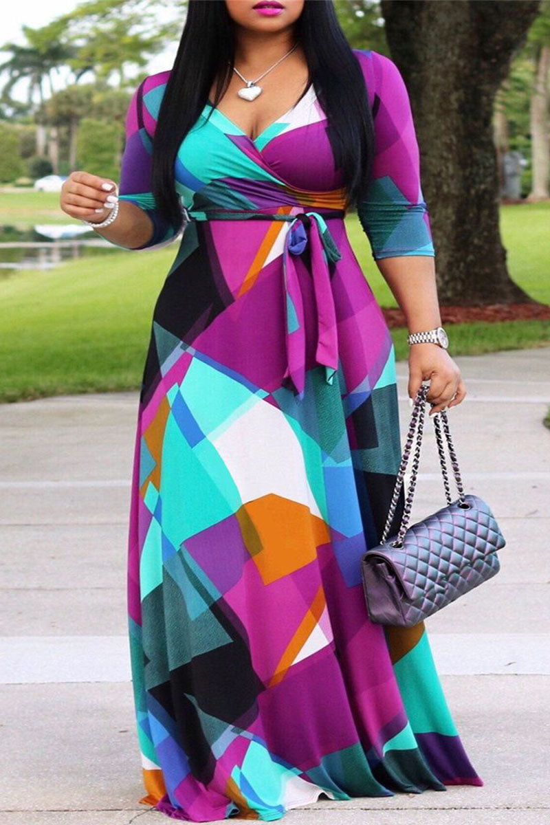 Print Bandage Patchwork V Neck Straight Plus Size Dresses - AnnieMae21