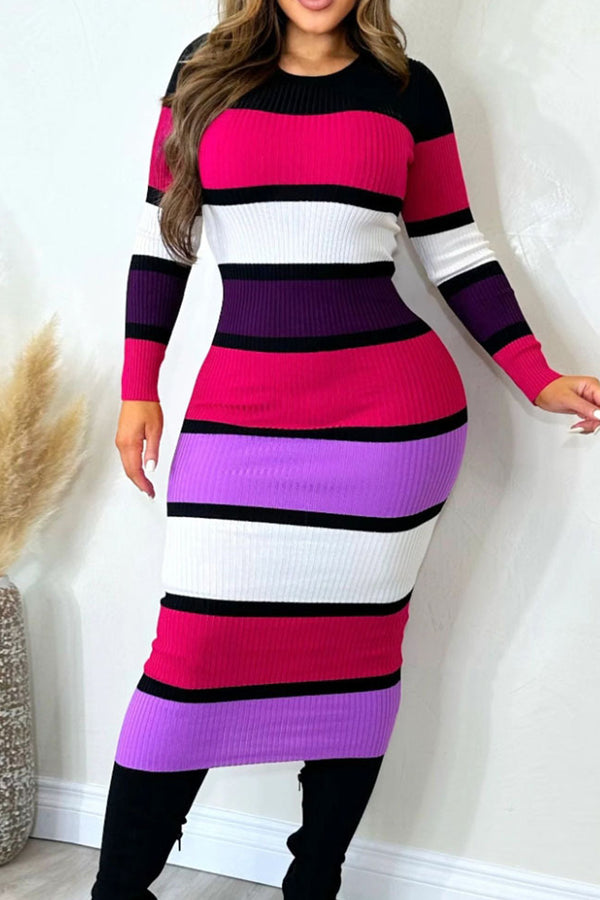 Elegant Color Block Patchwork Contrast O Neck Long Dress Dresses