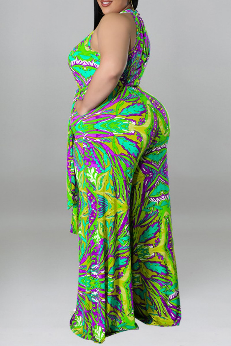 Print With Belt O Neck Plus Size Jumpsuits - AnnieMae21