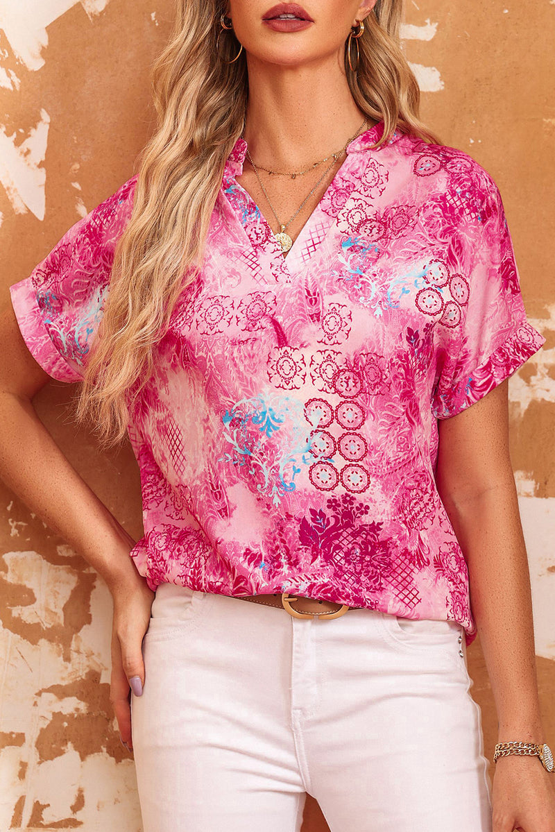 Pink Abstract Floral Print Notch V Neck Rolled Short Sleeve Blouse