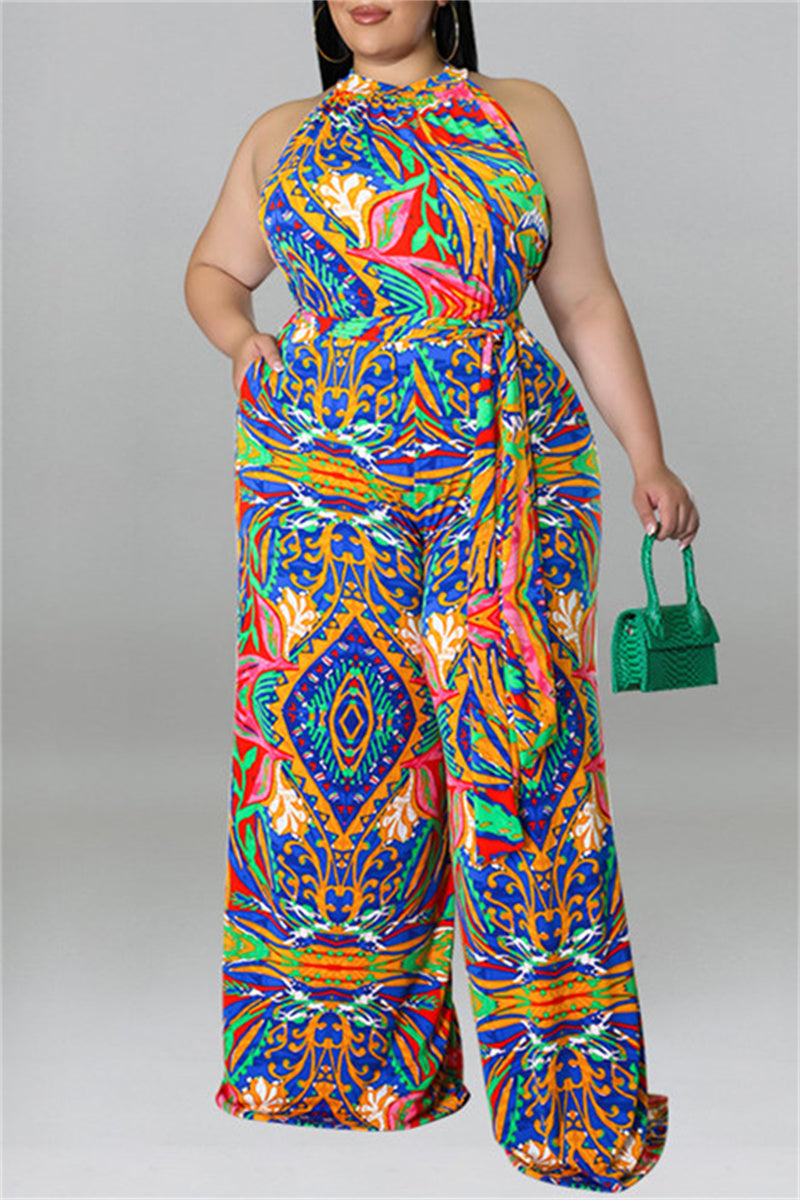 Print With Belt O Neck Plus Size Jumpsuits - AnnieMae21