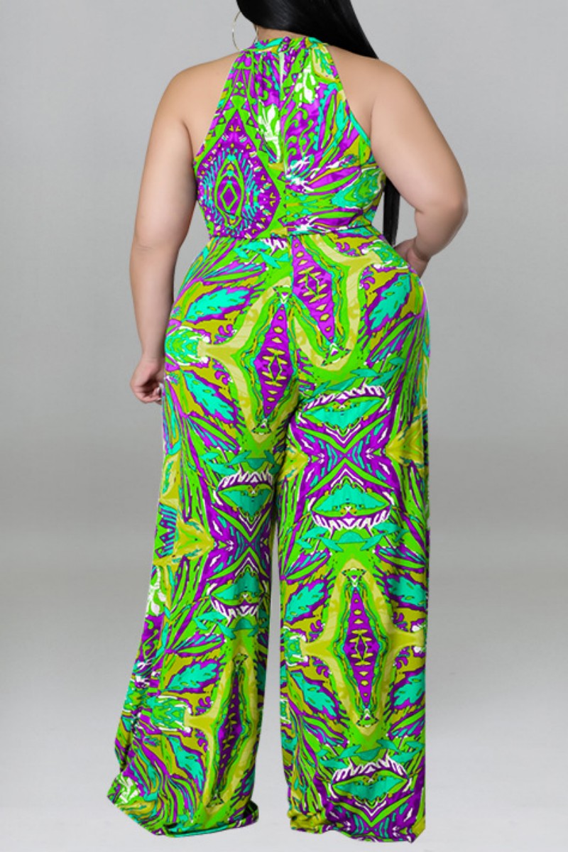 Print With Belt O Neck Plus Size Jumpsuits - AnnieMae21