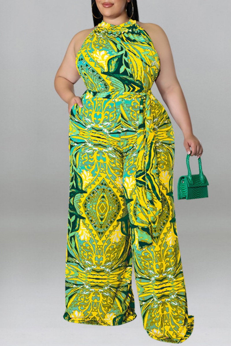 Print With Belt O Neck Plus Size Jumpsuits - AnnieMae21