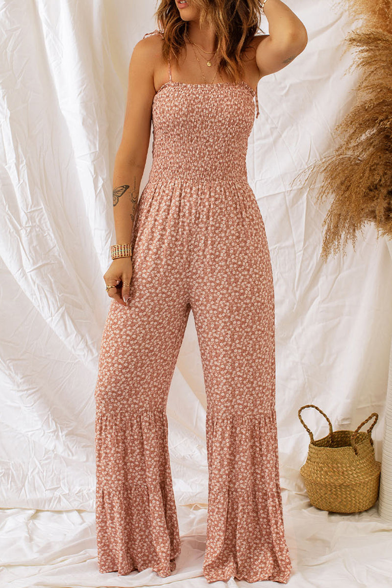 Black Khaki Thin Straps Smocked Bodice Wide Leg Floral Jumpsuit