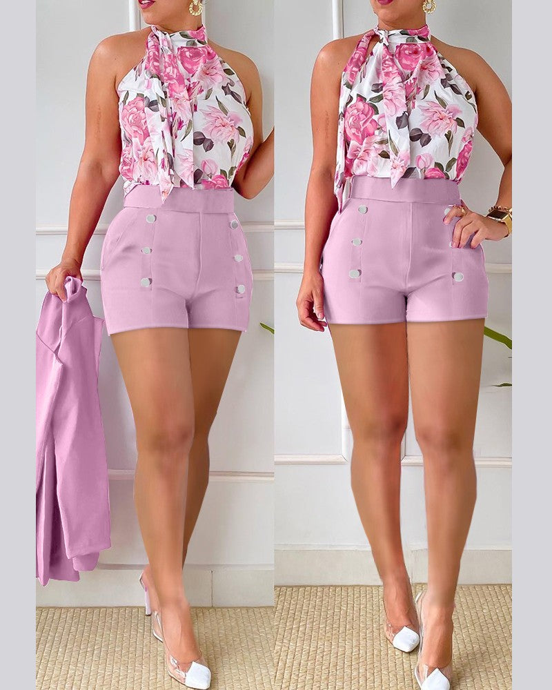 Floral Print Top & High Waist Buttoned Shorts Set - AnnieMae21