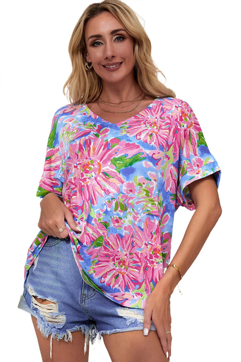 Pink Abstract Floral Print Notch V Neck Rolled Short Sleeve Blouse