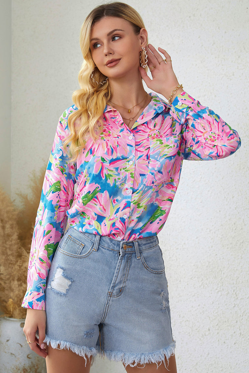 Pink Abstract Floral Print Notch V Neck Rolled Short Sleeve Blouse