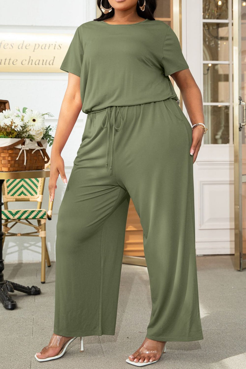 Plus Size Drawstring Waist Short Sleeve Jumpsuit - AnnieMae21