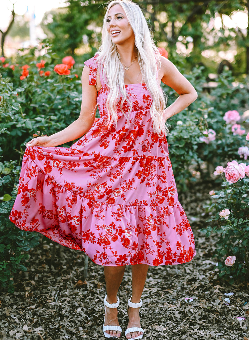 Pink Tie Shoulder Straps Tiered Floral Dress