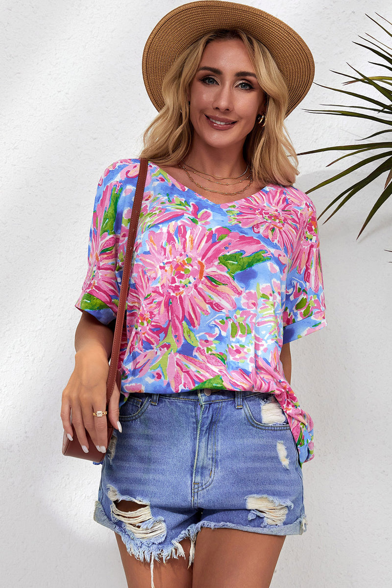 Pink Abstract Floral Print Notch V Neck Rolled Short Sleeve Blouse