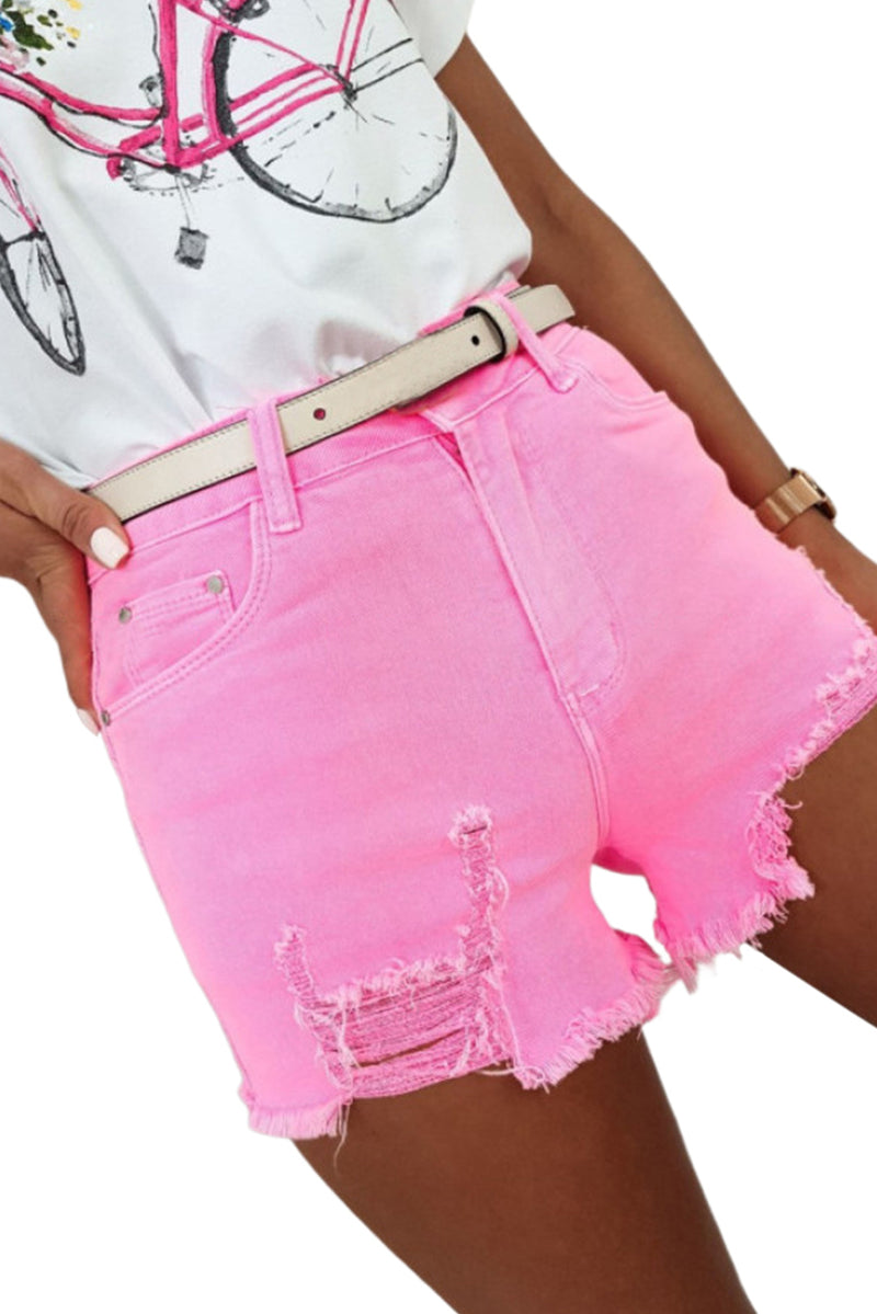 White Solid Color Distressed Denim Shorts