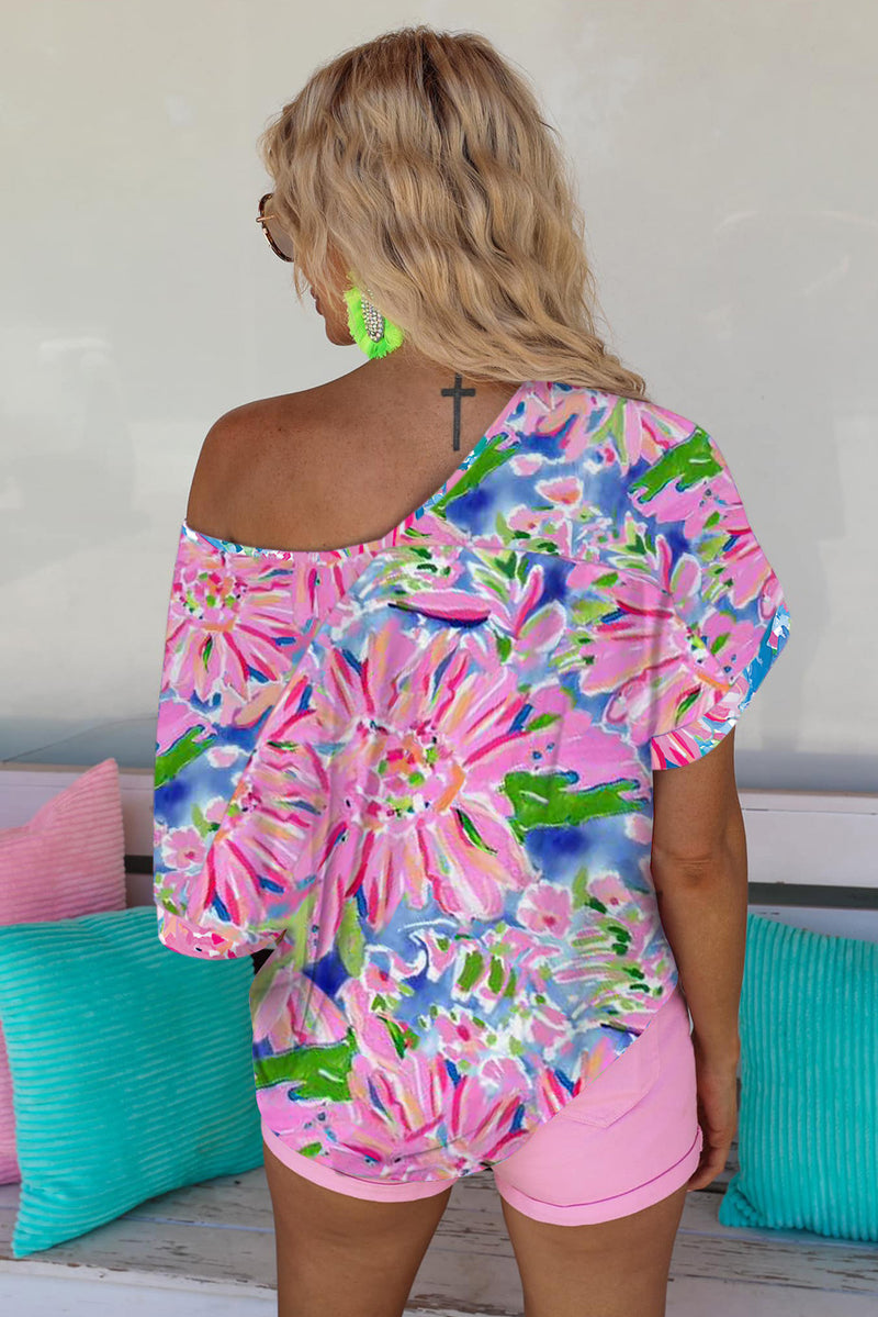 Pink Abstract Floral Print Notch V Neck Rolled Short Sleeve Blouse