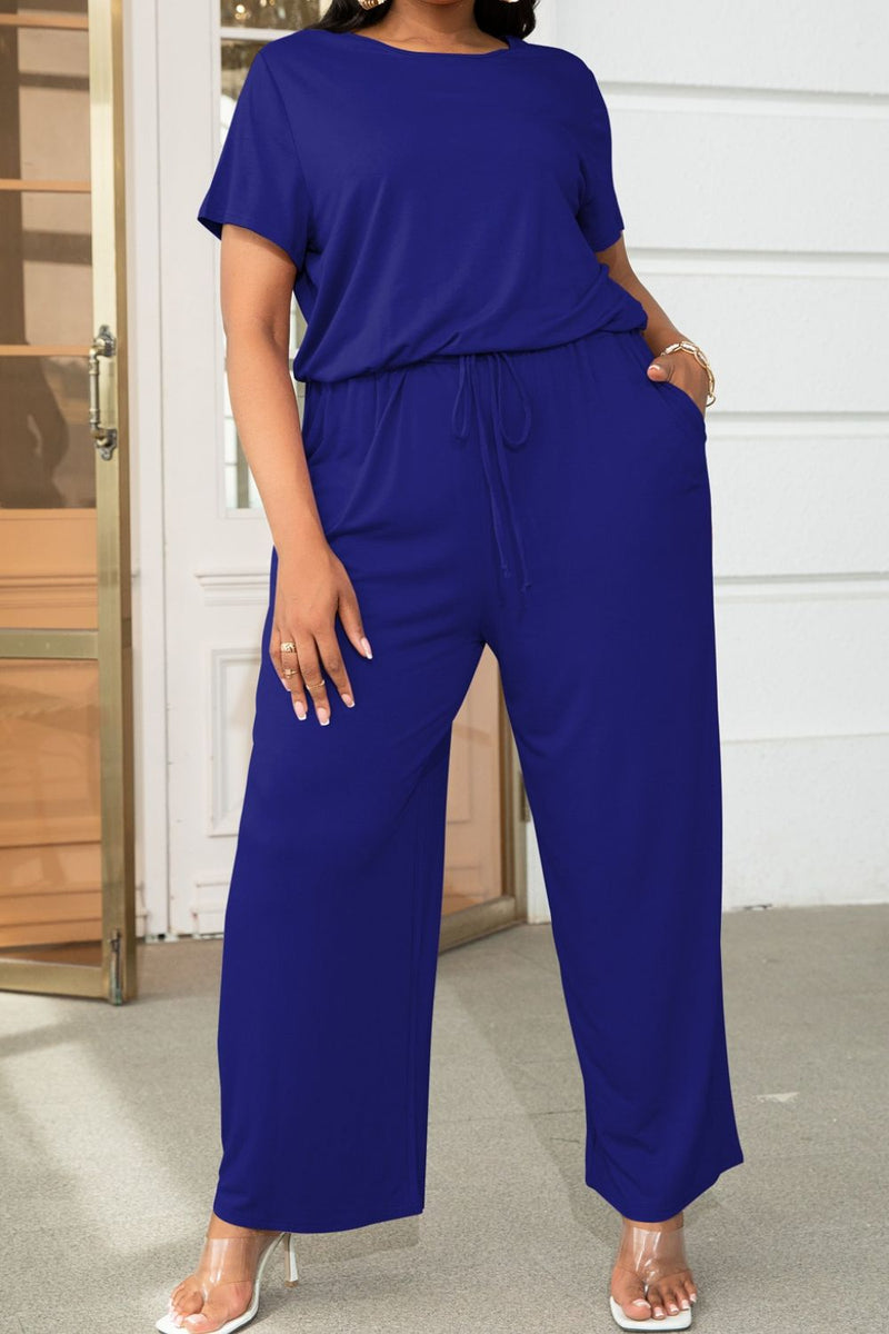 Plus Size Drawstring Waist Short Sleeve Jumpsuit - AnnieMae21