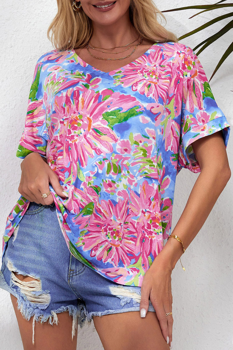 Pink Abstract Floral Print Notch V Neck Rolled Short Sleeve Blouse