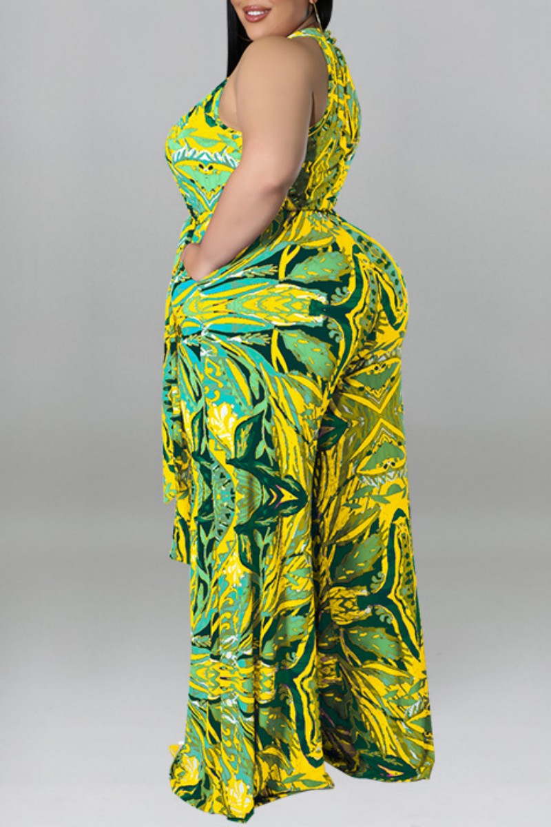 Print With Belt O Neck Plus Size Jumpsuits - AnnieMae21