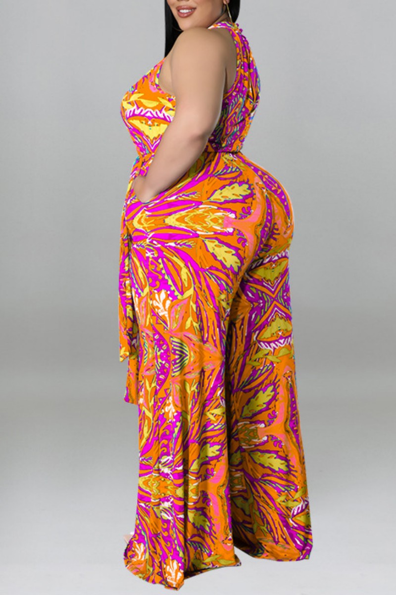 Print With Belt O Neck Plus Size Jumpsuits - AnnieMae21