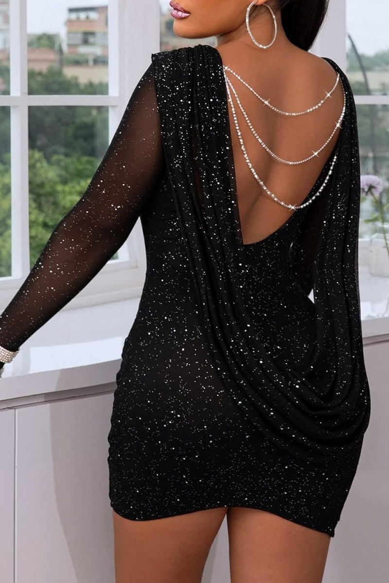 Party Elegant Chains Backless Sequined O Neck Wrapped Skirt Dresses