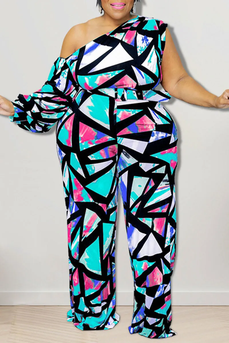 Casual Print Split Joint Oblique Collar Plus Size Jumpsuits - AnnieMae21