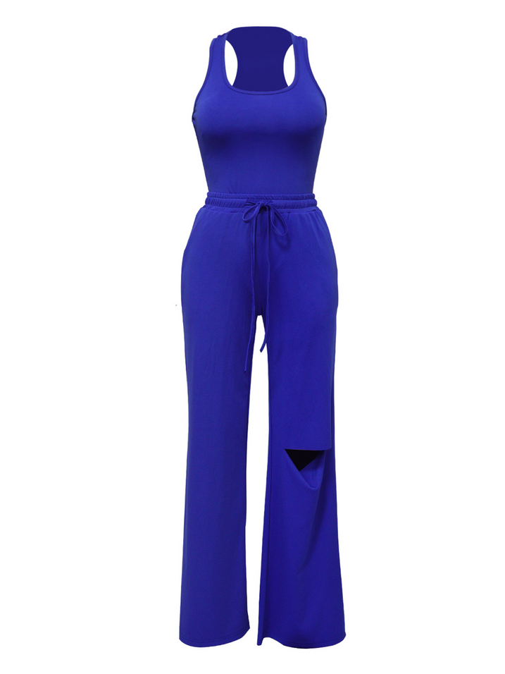 Scoop Neck and Distressed jumpsuit Wide Leg Pant. 2pc set.