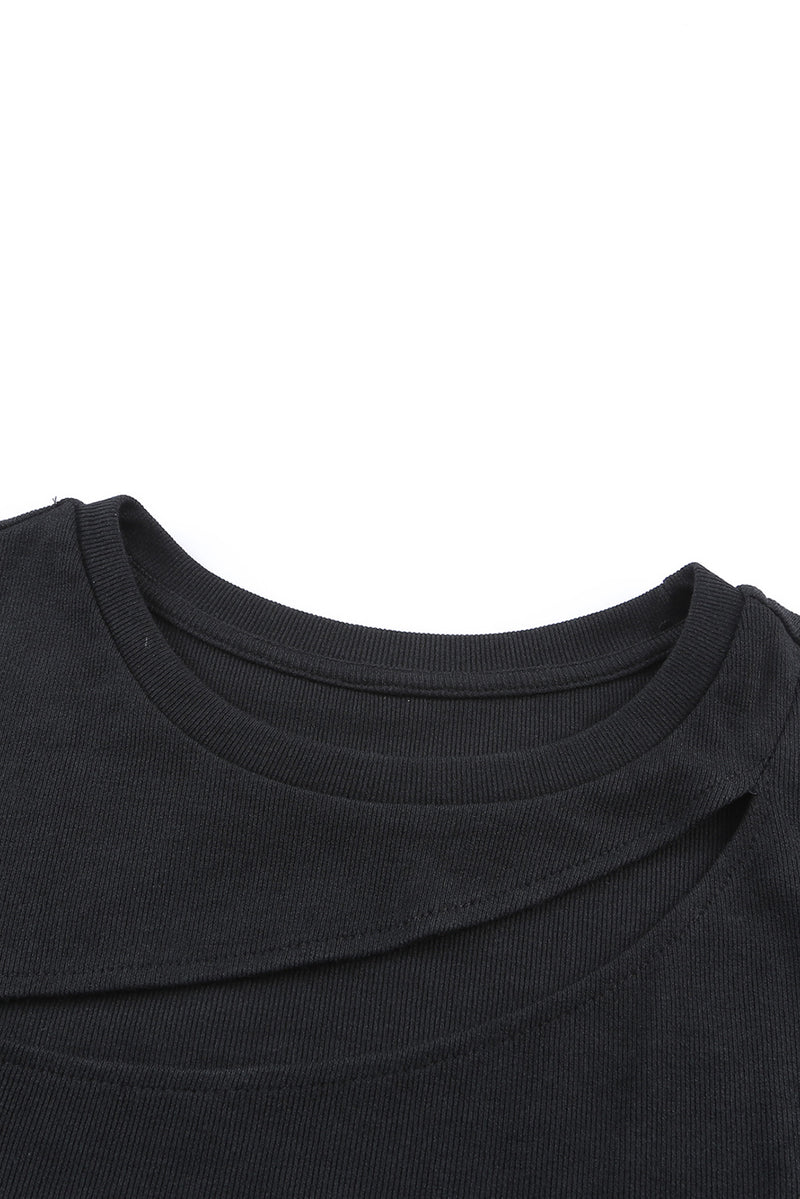 Black Slash Cutout Cap Sleeve T Shirt - AnnieMae21