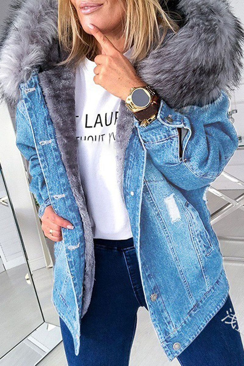 Buckle Hooded Collar Long Sleeve Straight Denim Jacket