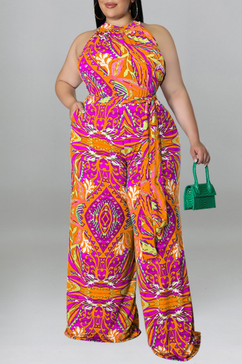 Print With Belt O Neck Plus Size Jumpsuits - AnnieMae21