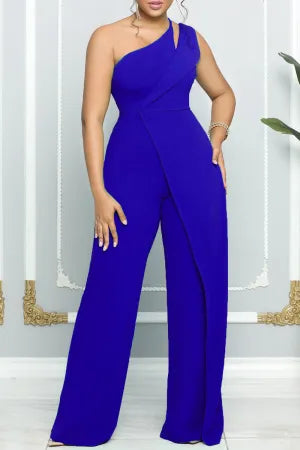 Casual Solid Patchwork Backless Oblique Collar Regular Jumpsuits - AnnieMae21