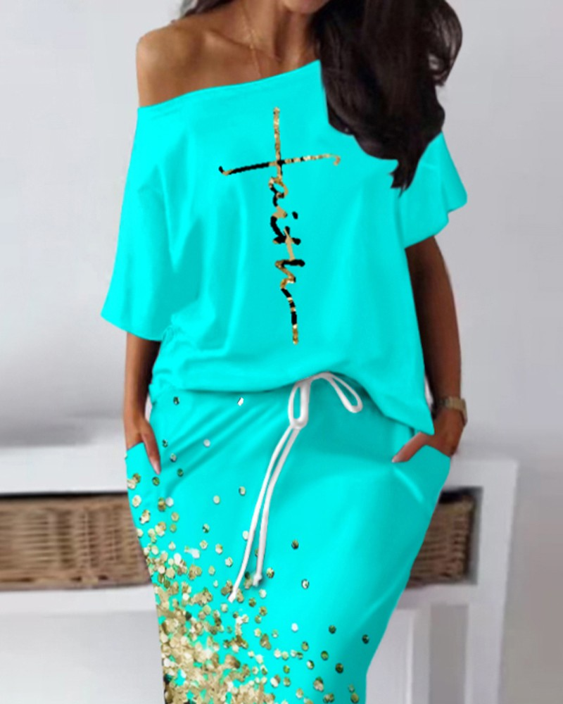 Faith Letter Pattern Top & Contrast Leopard Print Skirt Set - AnnieMae21