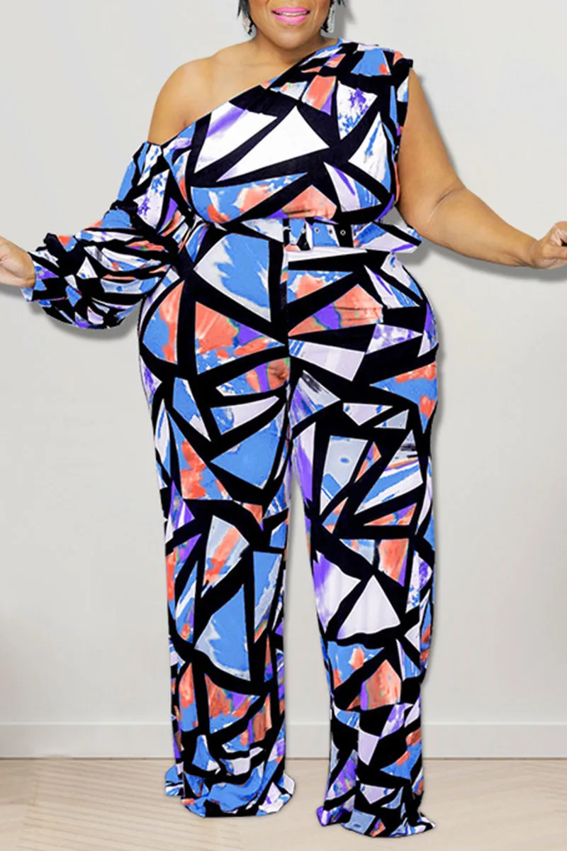 Casual Print Split Joint Oblique Collar Plus Size Jumpsuits - AnnieMae21