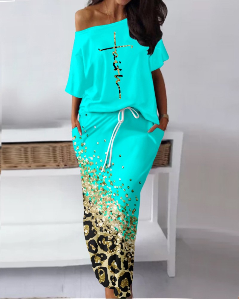 Faith Letter Pattern Top & Contrast Leopard Print Skirt Set - AnnieMae21