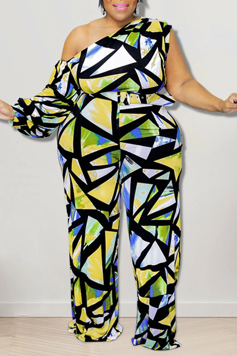 Casual Print Split Joint Oblique Collar Plus Size Jumpsuits - AnnieMae21