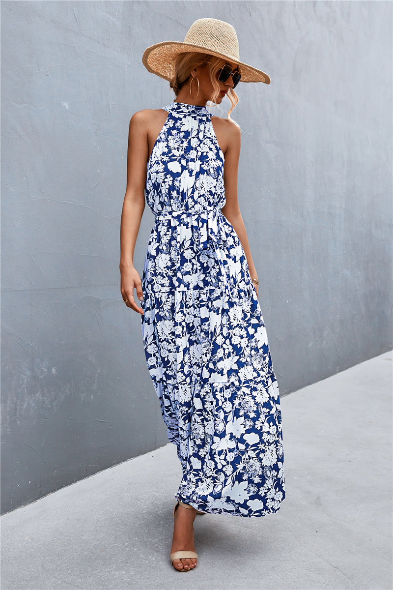 Printed Sleeveless Tie Waist Maxi Dress - AnnieMae21