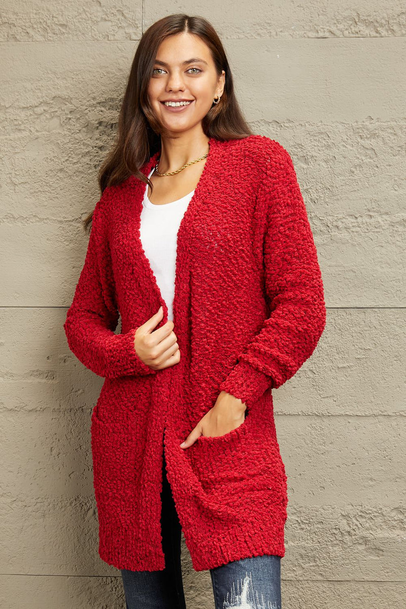 Zenana Falling For You Full Size Open Front Popcorn Cardigan - AnnieMae21