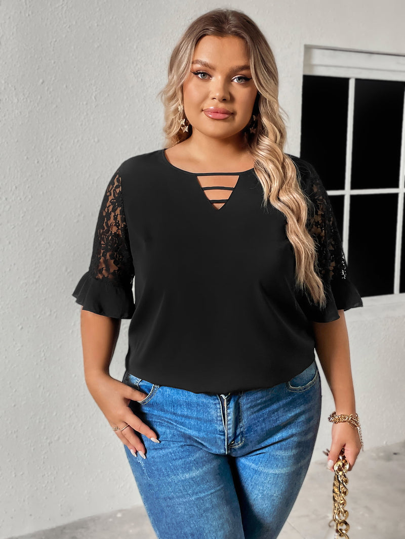 Plus Size Cutout Round Neck Spliced Lace Flounce Sleeve Blouse - AnnieMae21